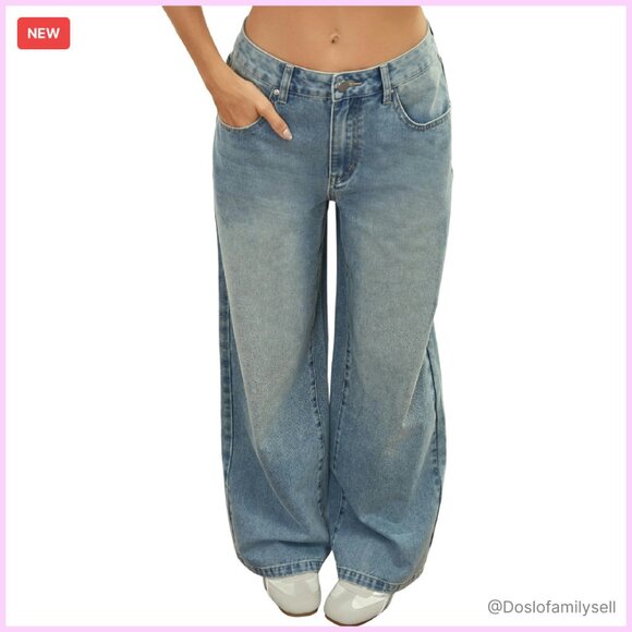 Straight Leg Denim Jeans Adjustable Waist Y2K Baggy Fit Snap Button Mid Rise